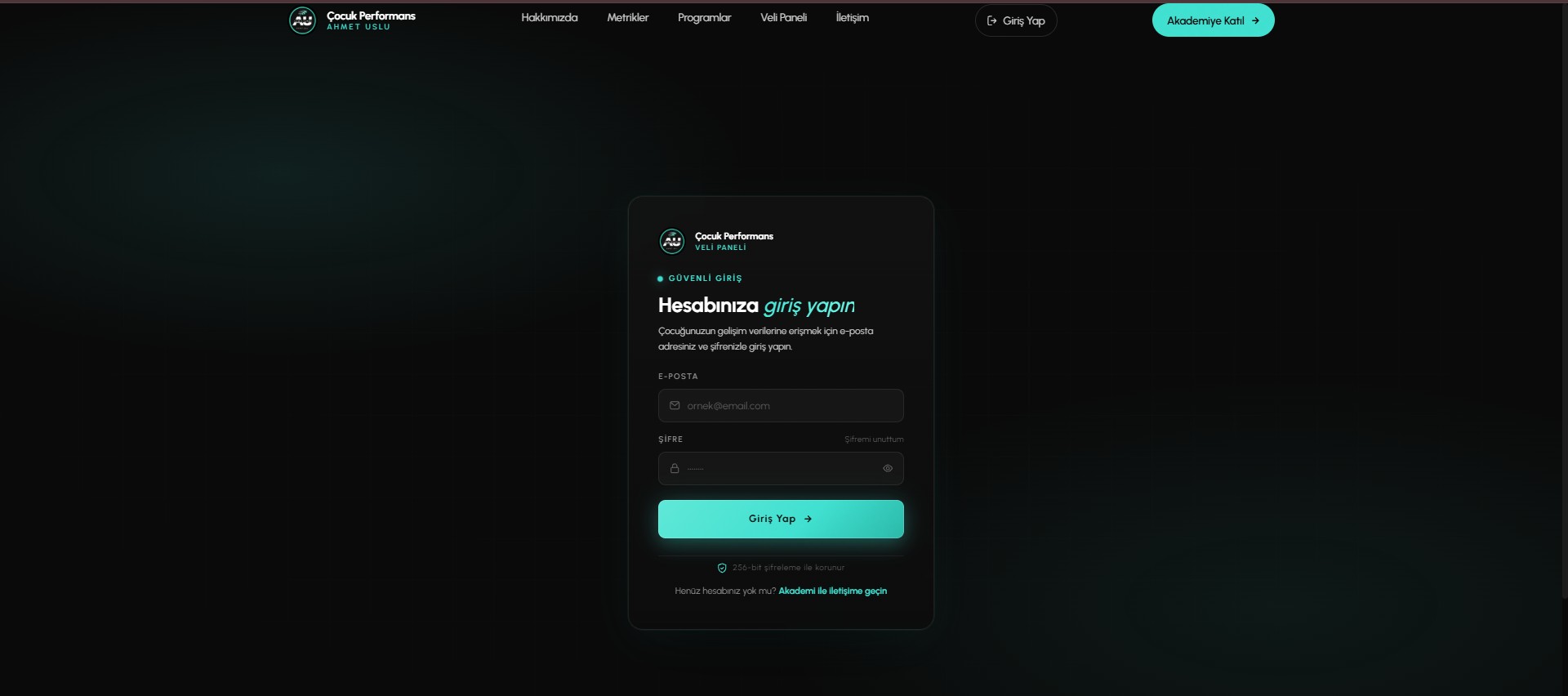 Çocuk Performans parent panel secure login screen